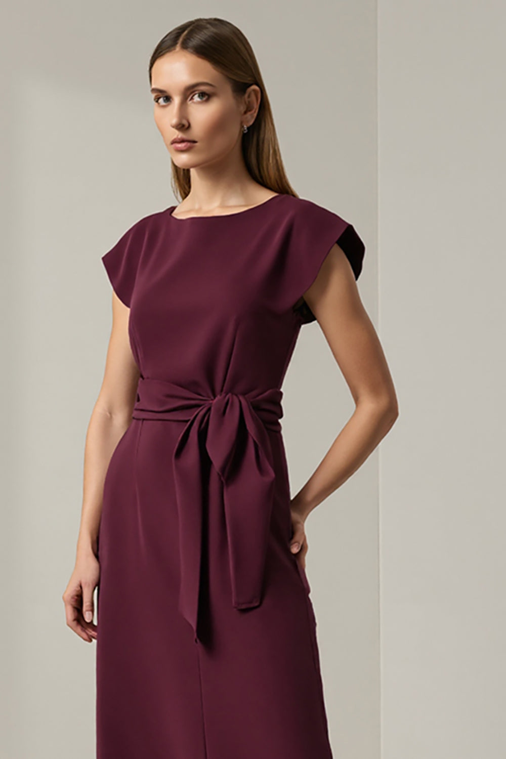 Dark Red Round Neck Pencil Long Work Dress with Sleeves