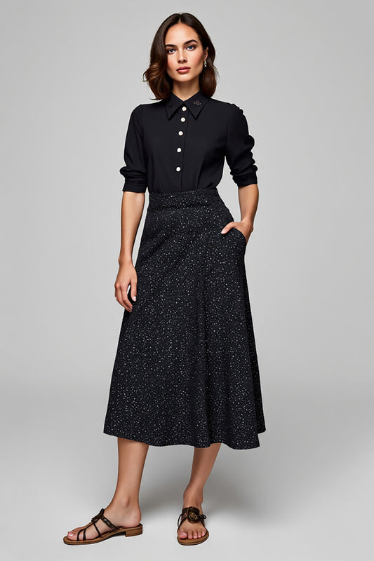 Sparkly Black Collar Neck 2 Piece Blouses and Skirt with Pockets