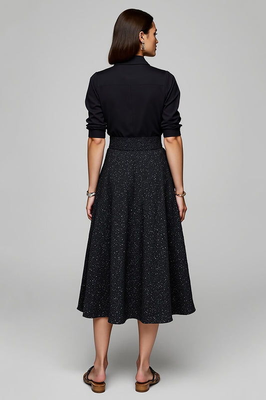 Sparkly Black Collar Neck 2 Piece Blouses and Skirt with Pockets