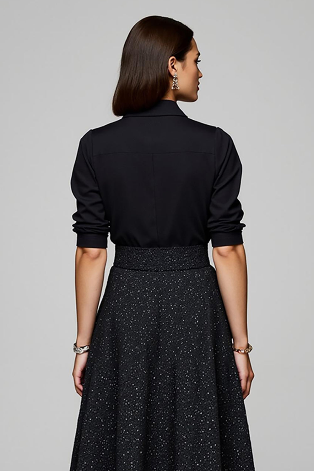 Sparkly Black Collar Neck 2 Piece Blouses and Skirt with Pockets