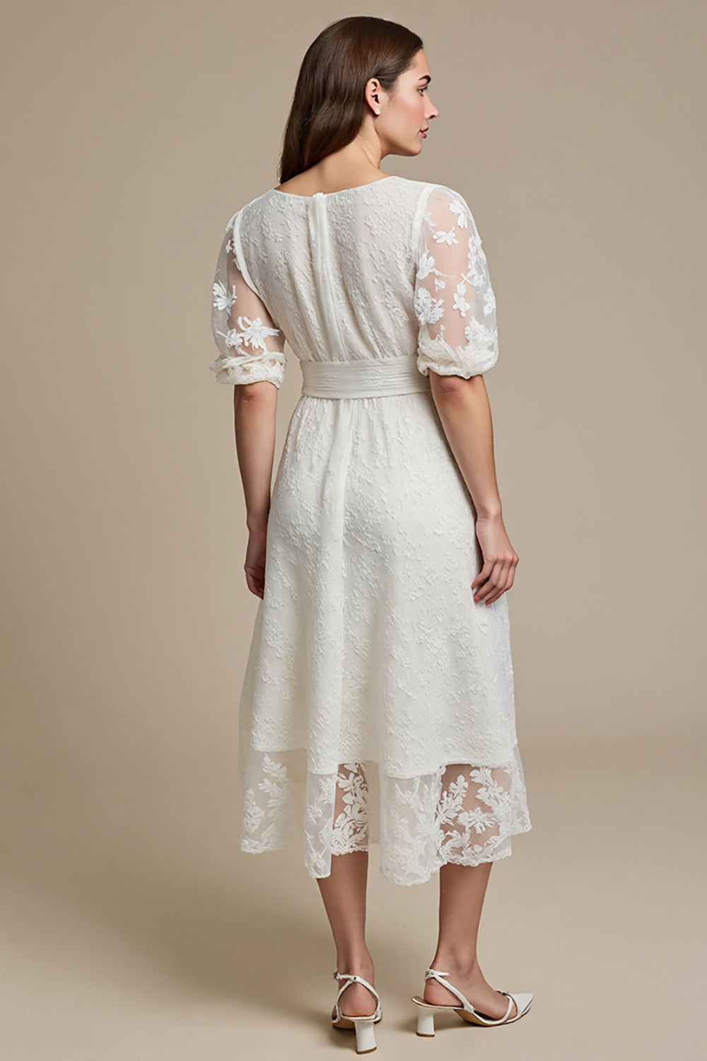 White Boat Neck A Line Midi Lace Engagement Dress with Sleeves