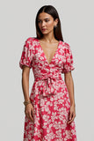 Red V-Neck A Line Long Floral Work Dress with Sleeves