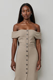 Khaki Satin Off the Shoulder Bodycon Midi Work Dress with Buttons