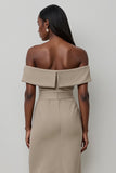 Khaki Satin Off the Shoulder Bodycon Midi Work Dress with Buttons