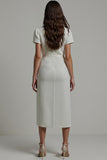 White Notched Lapel Bodycon Midi Blazer Dress with Sleeves