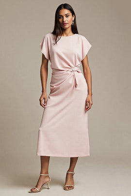 Pink Boat Neck Satin Ruched Maxi Work Dress with Sleeves