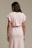 Pink Boat Neck Satin Ruched Maxi Work Dress with Sleeves