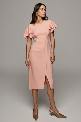 Orange Round Neck Bodycon Midi Ruffled Work Dress with Slit