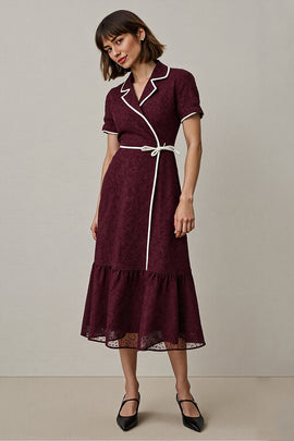 Burgundy Notched Lapel Midi Work Dess with Sleeves