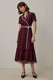 Burgundy Notched Lapel Midi Work Dess with Sleeves