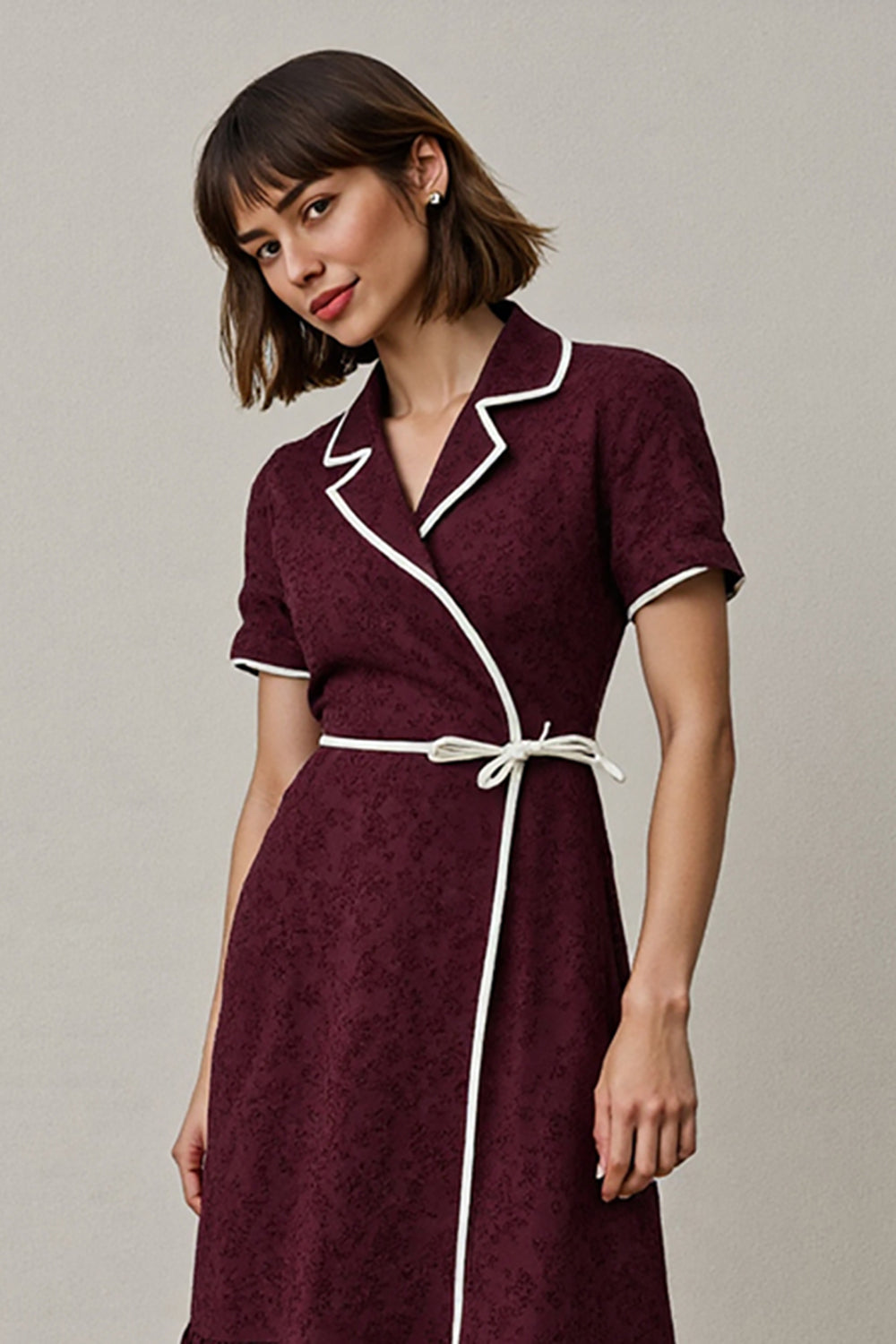 Burgundy Notched Lapel Midi Work Dess with Sleeves