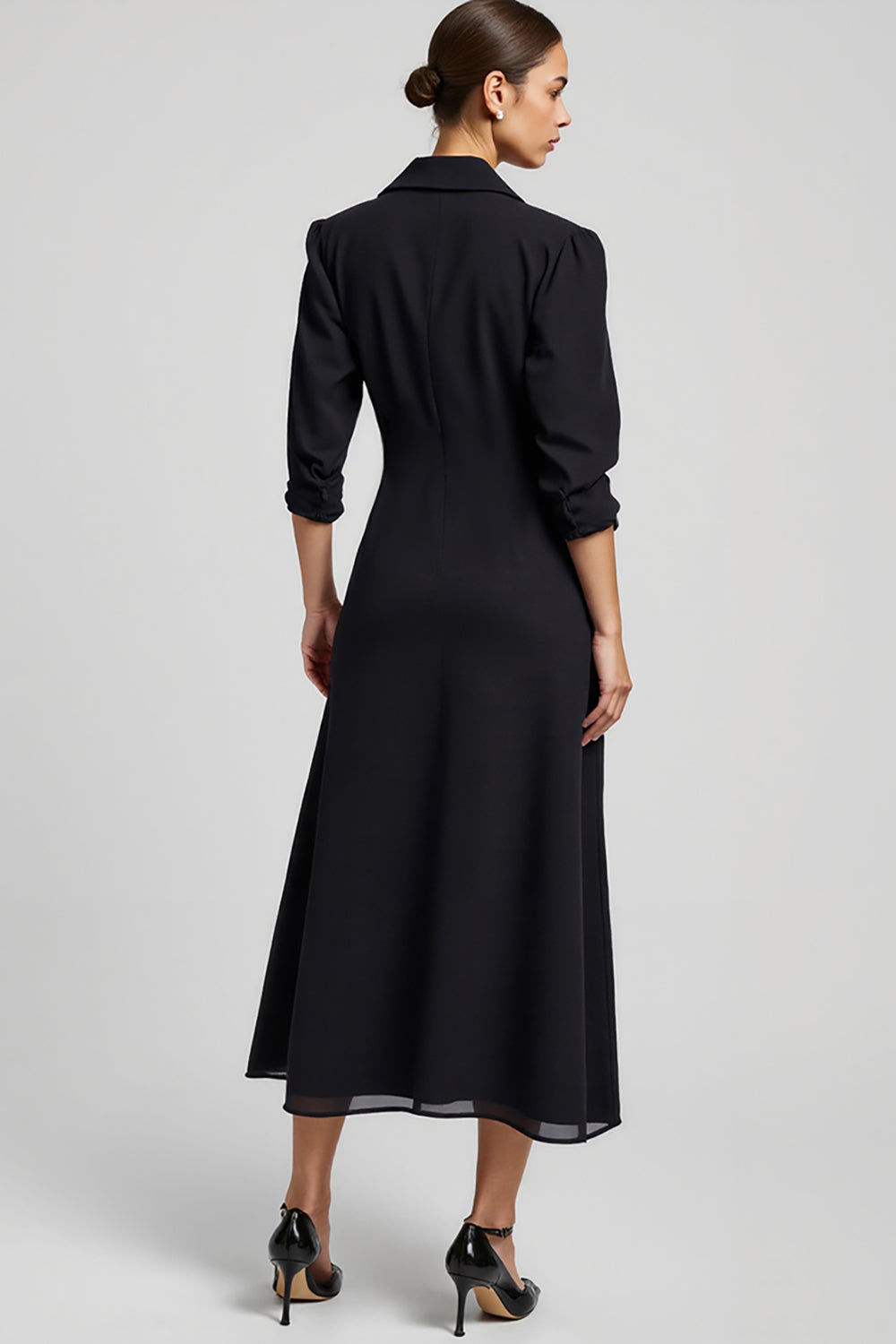 Navy Notched Lapel A Line Long Blazer Dress with Sleeves