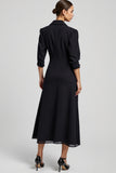 Navy Notched Lapel A Line Long Blazer Dress with Sleeves