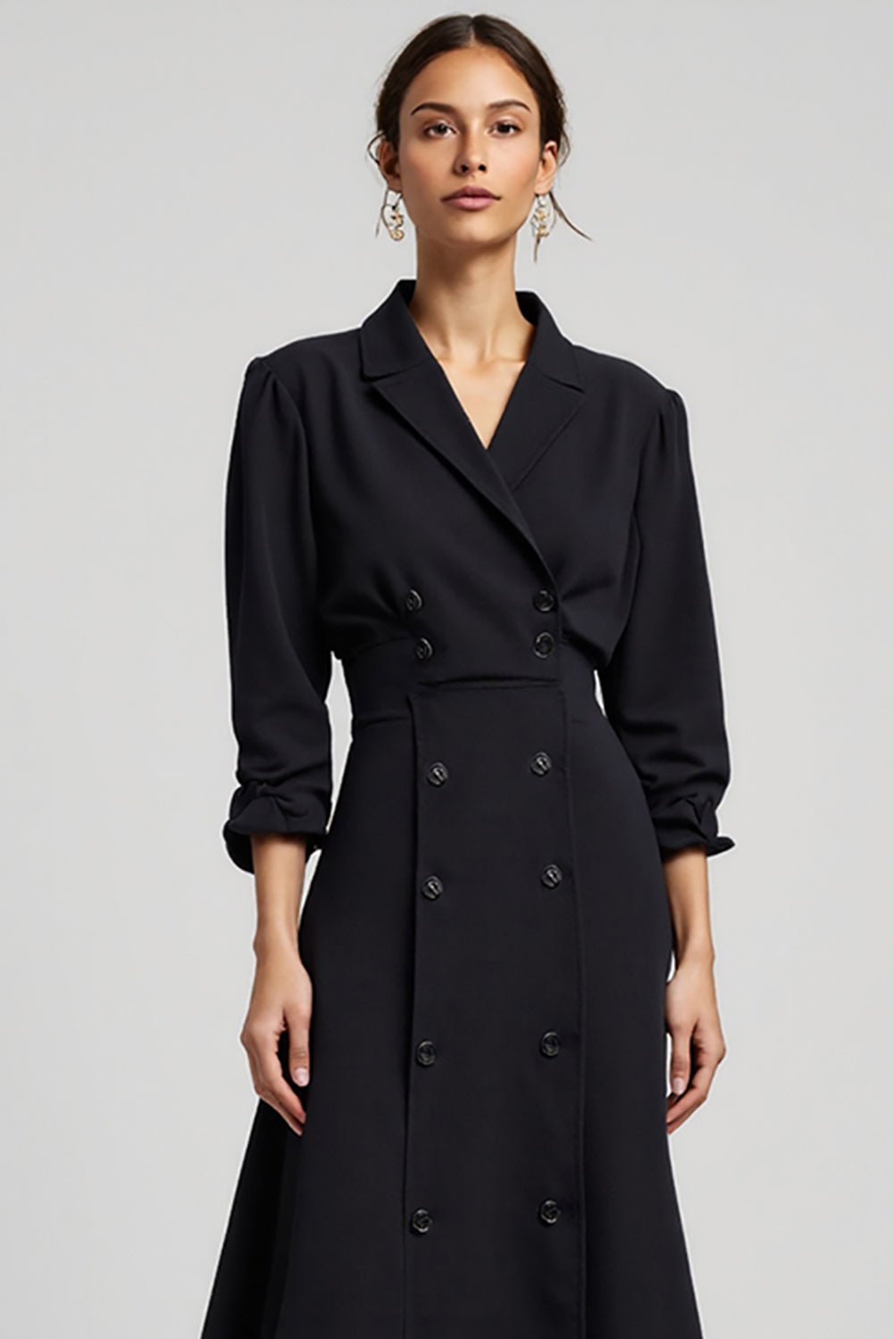 Navy Notched Lapel A Line Long Blazer Dress with Sleeves