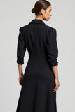 Navy Notched Lapel A Line Long Blazer Dress with Sleeves
