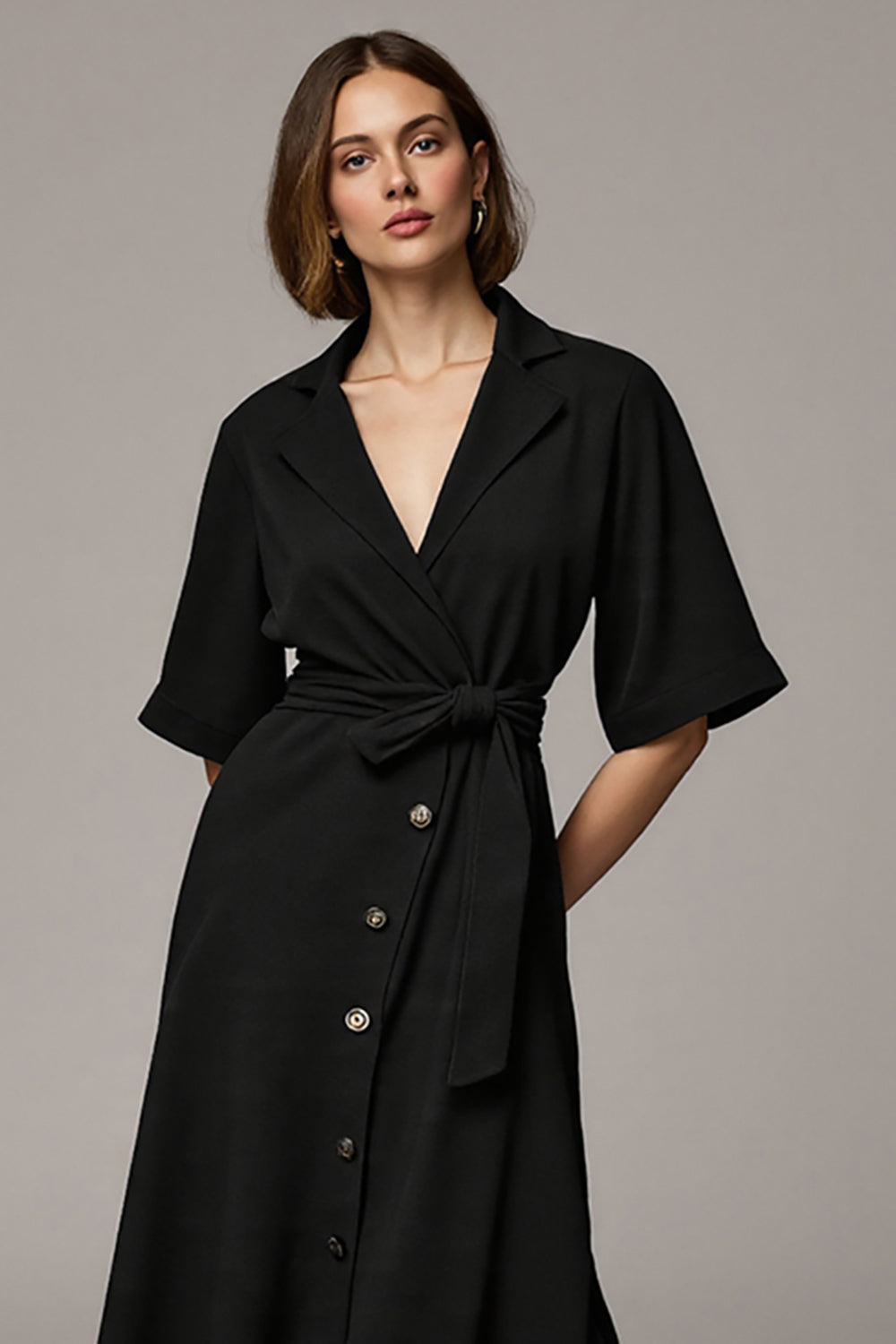 Black Notched Lapel Long Buttons Blazer Dress with Sleeves