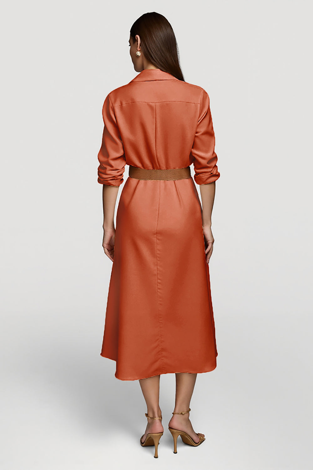 Orange Collar Neck Midi Shirt Work Dress with Belts