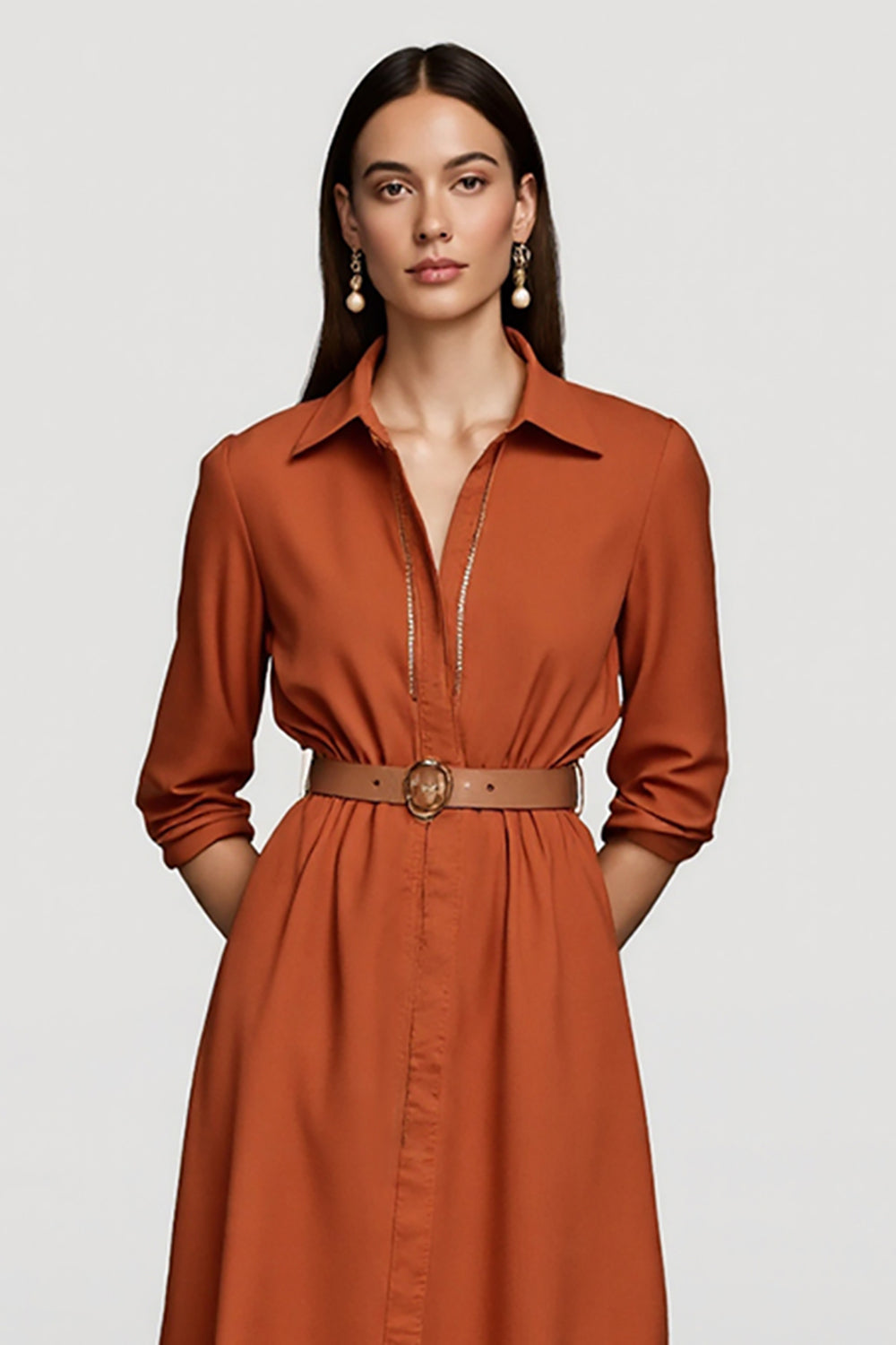 Orange Collar Neck Midi Shirt Work Dress with Belts