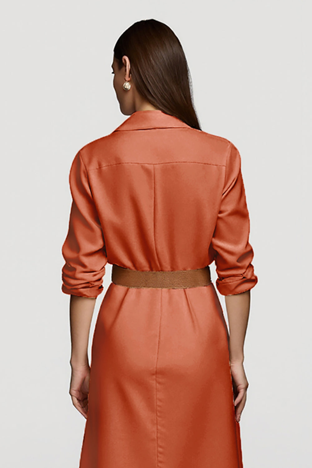 Orange Collar Neck Midi Shirt Work Dress with Belts