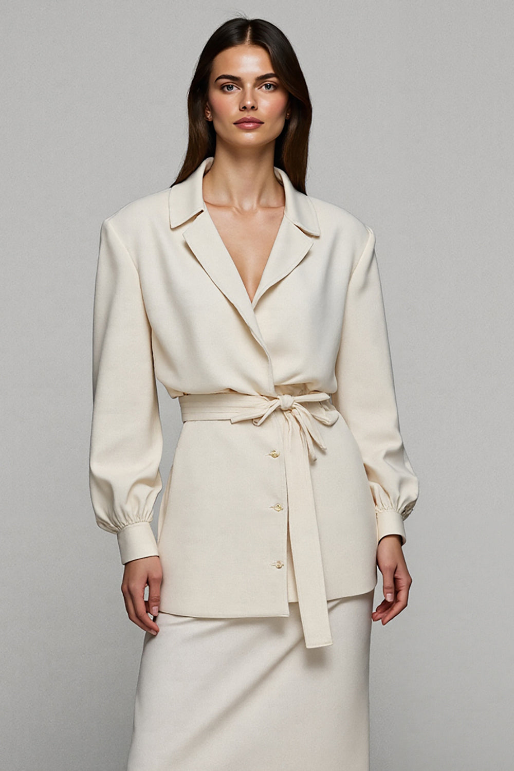 Ivory Notched Lapel 2 Piece Midi Business Suits with Sleeves