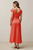 Orange V-Neck A-Line Long Work Dress with Sash