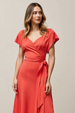 Orange V-Neck A-Line Long Work Dress with Sash