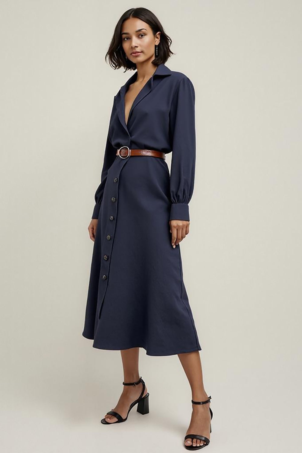 Navy Collar Neck Buttons Midi Shirt Work Dress with Sleeves