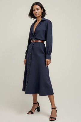 Navy Collar Neck Buttons Midi Shirt Work Dress with Sleeves