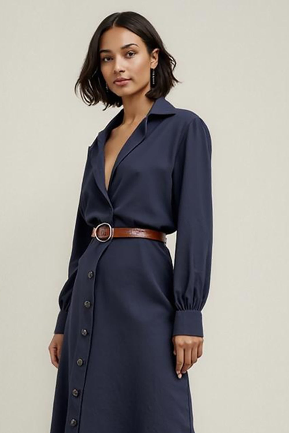 Navy Collar Neck Buttons Midi Shirt Work Dress with Sleeves
