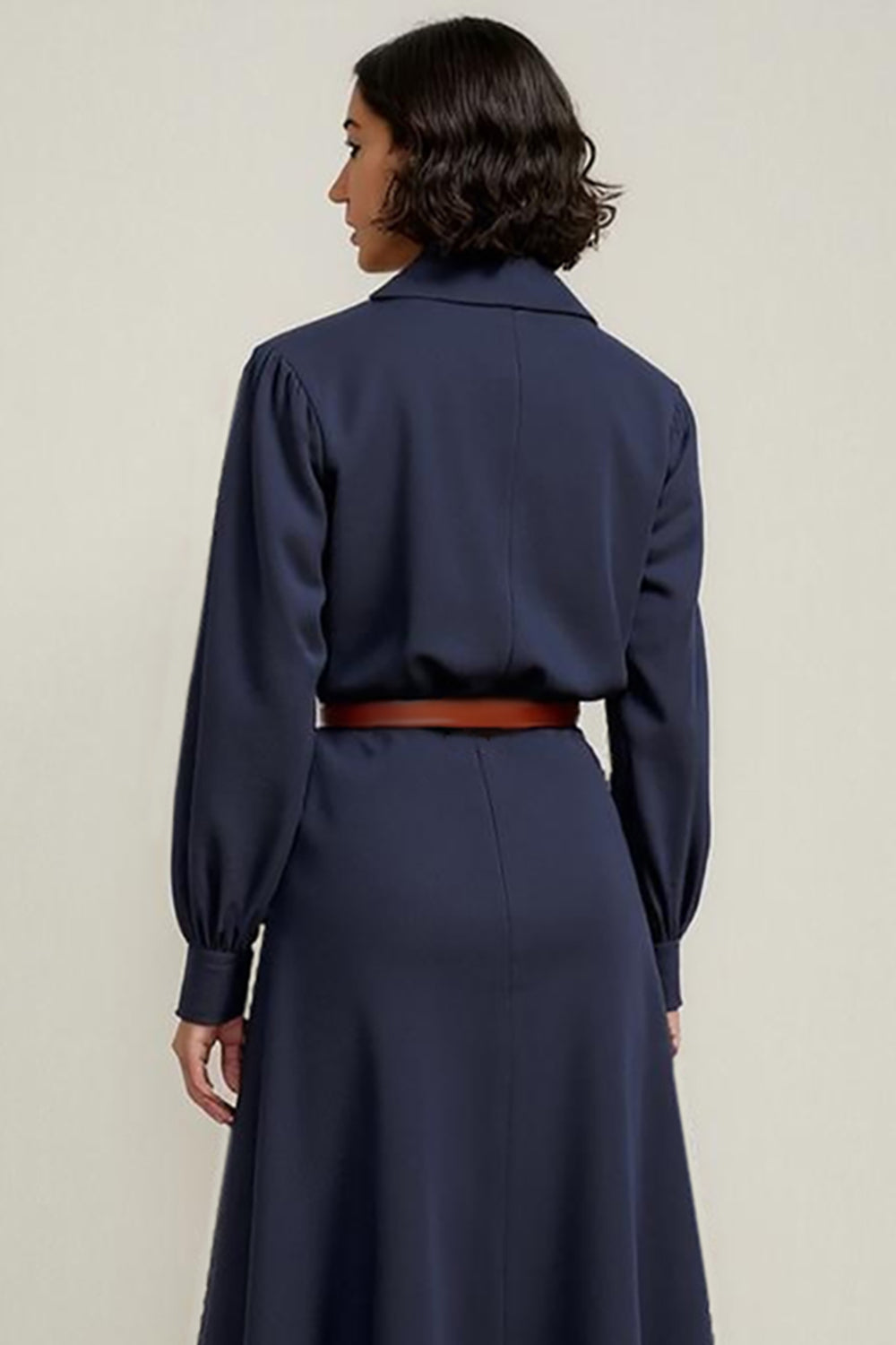 Navy Collar Neck Buttons Midi Shirt Work Dress with Sleeves