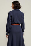 Navy Collar Neck Buttons Midi Shirt Work Dress with Sleeves