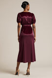 Burgundy Boat Neck Bodycon Midi Work Dress with Sleeves