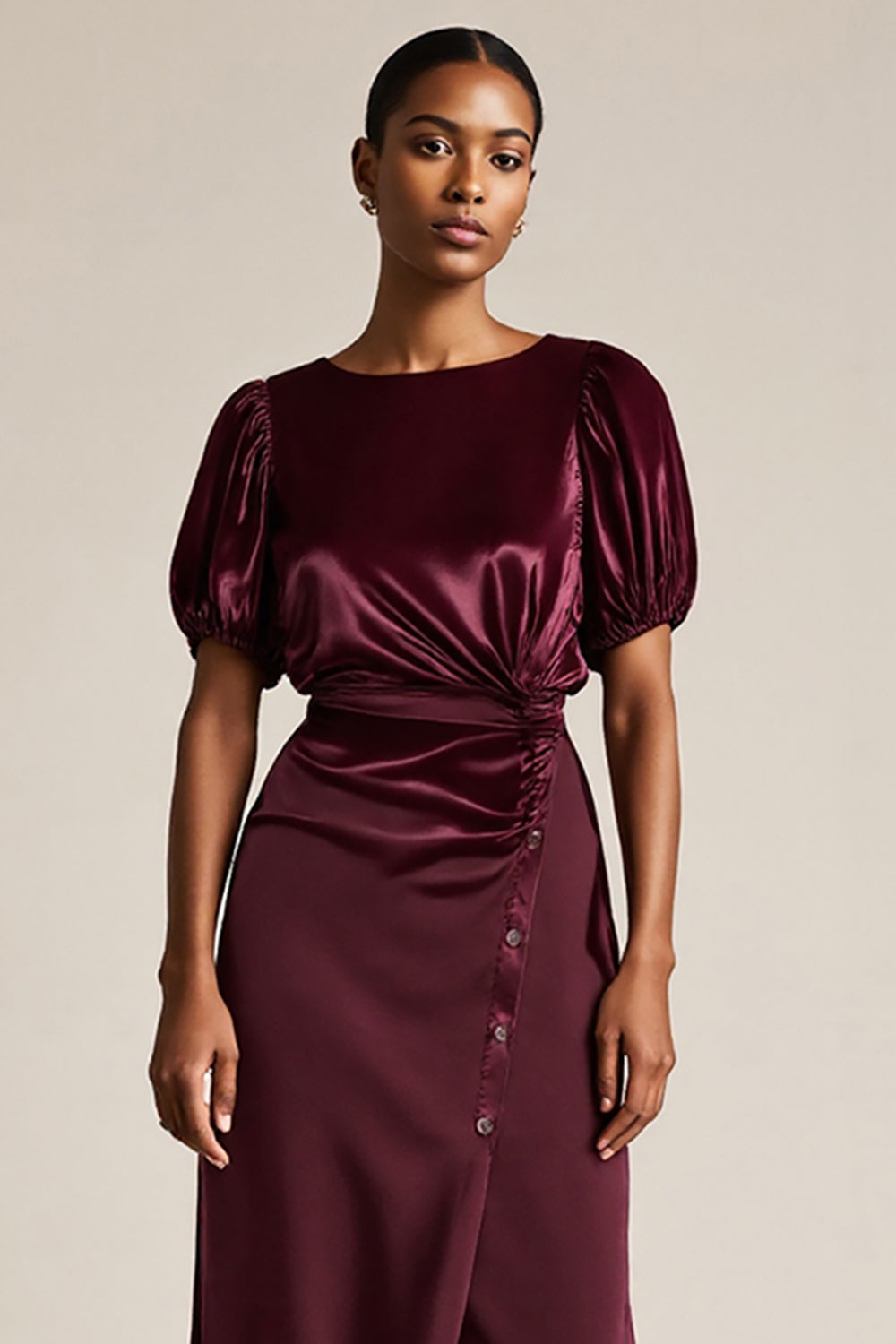 Burgundy Boat Neck Bodycon Midi Work Dress with Sleeves