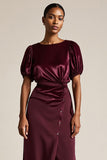 Burgundy Boat Neck Bodycon Midi Work Dress with Sleeves