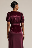 Burgundy Boat Neck Bodycon Midi Work Dress with Sleeves