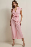 Pink Notched Lapel Work Jumpsuits with Sash