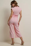 Pink Notched Lapel Work Jumpsuits with Sash