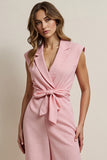 Pink Notched Lapel Work Jumpsuits with Sash