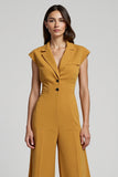 Yellow Buttons Notched Lapel Ankle Length Work Jumpsuits