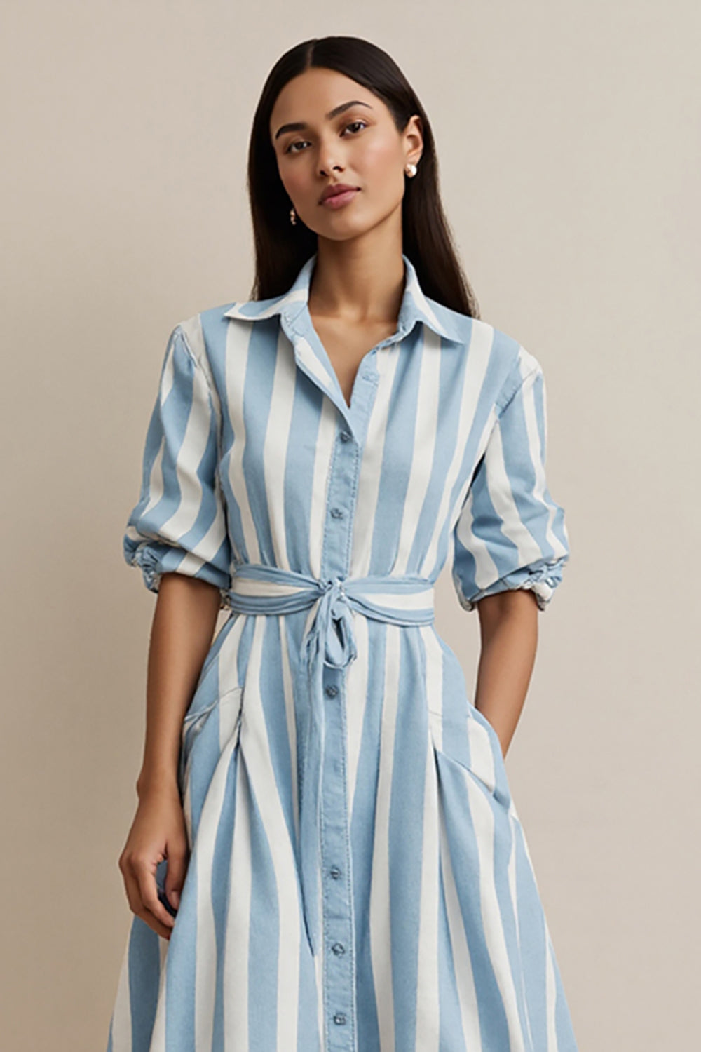 Blue Pockets Collar Neck Midi Shirt Work Dress with Sash
