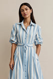 Blue Pockets Collar Neck Midi Shirt Work Dress with Sash