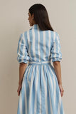 Blue Pockets Collar Neck Midi Shirt Work Dress with Sash