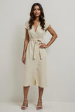 Apricot V-Neck Pencil Midi Work Dress with Sleeves