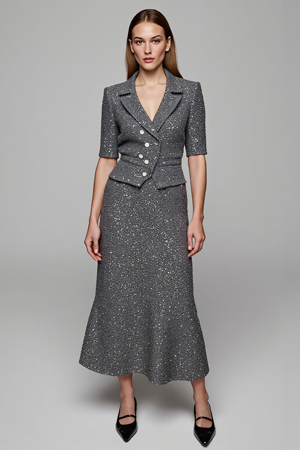 Sparkly Dark Grey 2 Piece Notched Lapel Business Suits