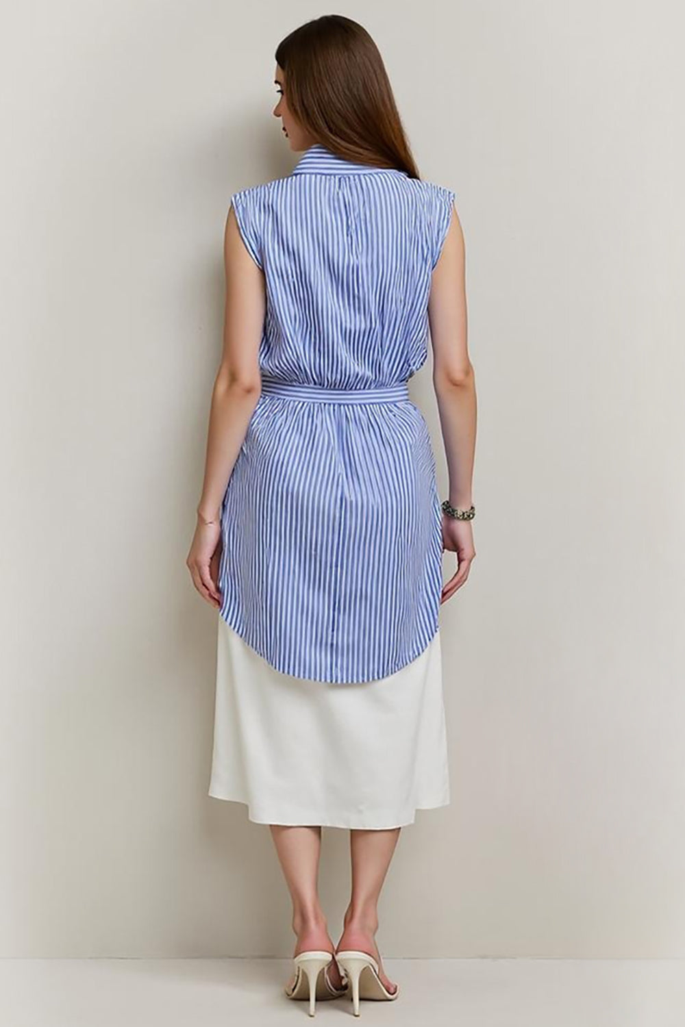Blue Pencil Bows Midi 2 Piece Blouses and Skirt with Slit