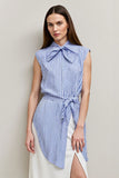 Blue Pencil Bows Midi 2 Piece Blouses and Skirt with Slit