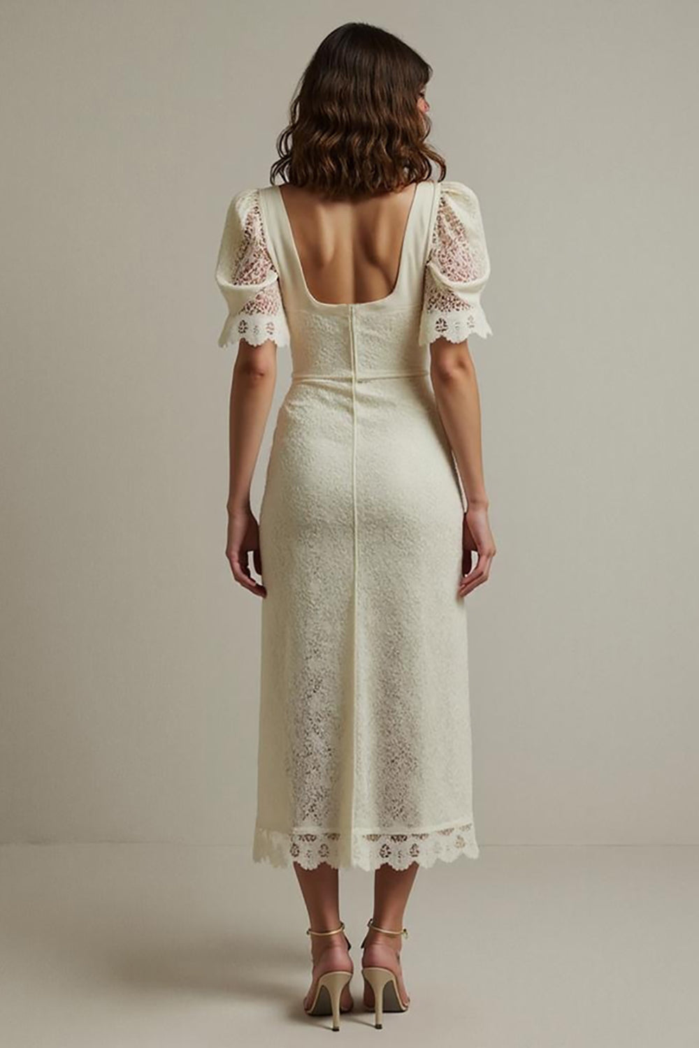 Apricot Square Neck Pencil Lace Maxi Work Dress with Sleeves