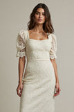 Apricot Square Neck Pencil Lace Maxi Work Dress with Sleeves
