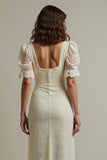 Apricot Square Neck Pencil Lace Maxi Work Dress with Sleeves