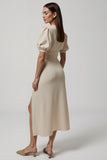 Ivory V-Neck Buttons Puff Sleeves Maxi Work Dress